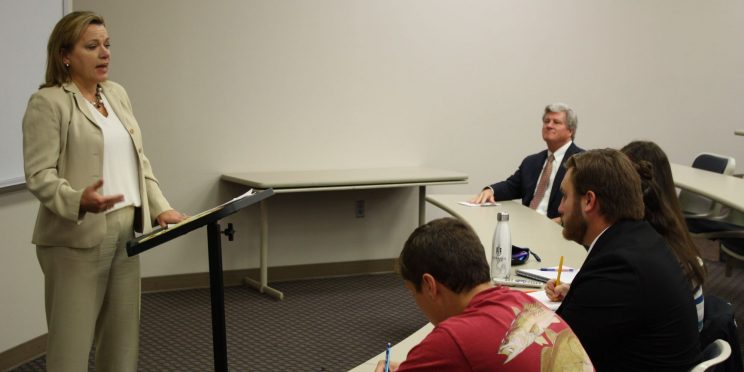 Alabama State Bar President Christy Crow speaks to students at Faulkner University